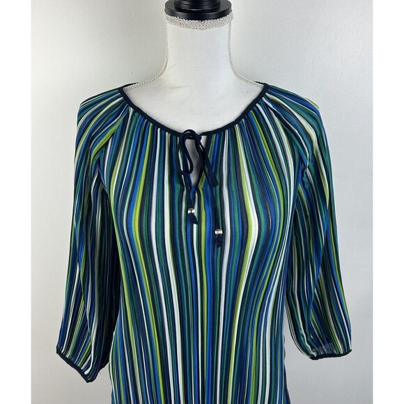 Ruby Rd. Paizley Park Pleated 3/4 Sleeve Peasant Blouse Top Size Small Tie Neck - Picture 2 of 8